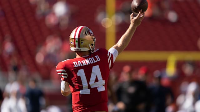 Aug 19, 2023; Santa Clara, California, USA; San Francisco 49ers quarterback Sam Darnold (14) warms up before the start of the first quarter against the Denver Broncos at Levi's Stadium.